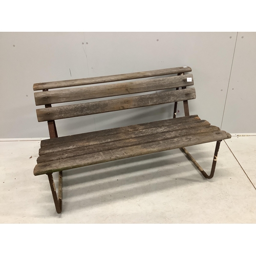 1027 - A pair of wooden slatted aluminium garden benches, width 122cm, depth 70cm, height 68cm. Condition -... 