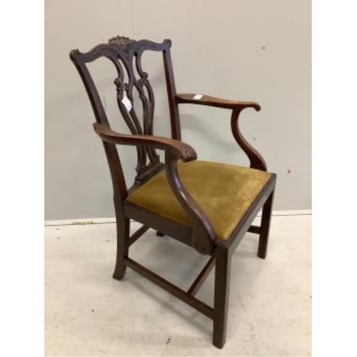 1031 - Four Chippendale style mahogany dining chairs, with pierced, interlaced splats above old gold velour... 