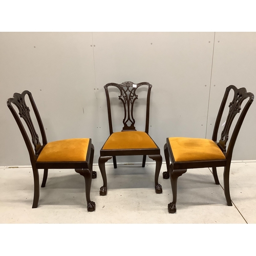 1031 - Four Chippendale style mahogany dining chairs, with pierced, interlaced splats above old gold velour... 