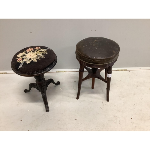 1032 - A Regency mahogany circular adjustable piano stool and a Victorian beech and cast iron piano stool. ... 