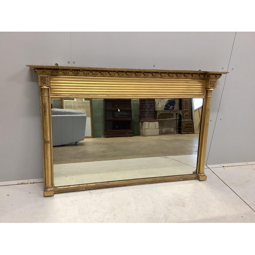 1033 - A Regency giltwood and composition overmantel mirror, width 139cm, height 87cm. Condition - fair to ... 