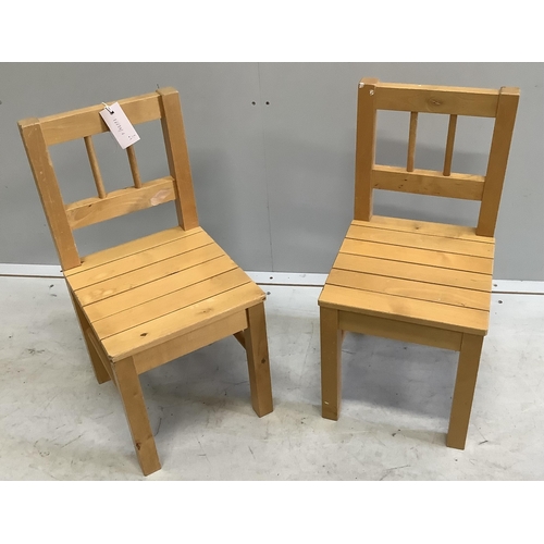 1034 - A pair of beech child's chairs together with a bamboo swivel child's chair, largest width 45cm, heig... 