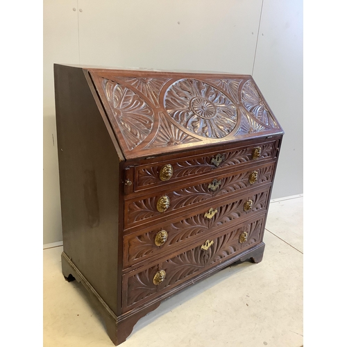 1039 - A George III later carved mahogany bureau, width 99cm, depth 56cm, height 106cm. Condition  - fair... 