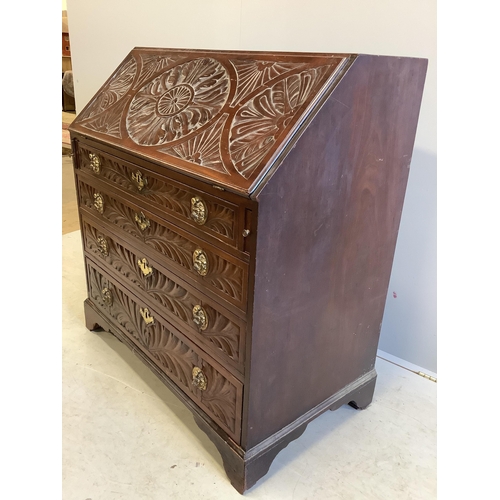 1039 - A George III later carved mahogany bureau, width 99cm, depth 56cm, height 106cm. Condition  - fair... 