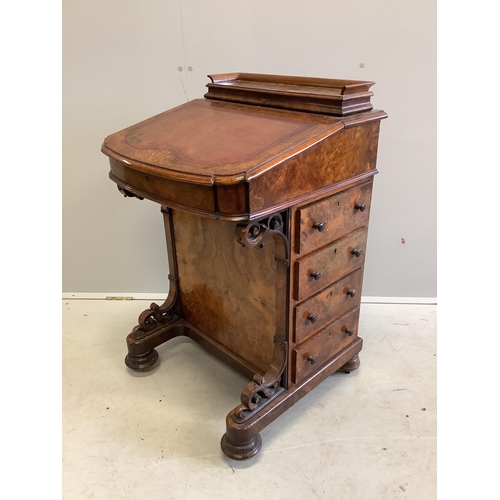 1040 - A Victorian inlaid burr walnut Davenport, width 56cm, depth 54cm, height 90cm. Condition - fair to g... 