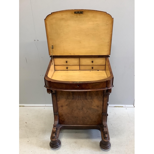 1040 - A Victorian inlaid burr walnut Davenport, width 56cm, depth 54cm, height 90cm. Condition - fair to g... 