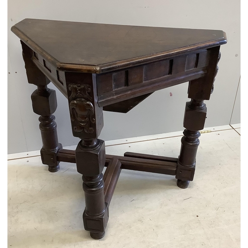 1044 - A credence style oak table, width 80cm, height 72cm. Condition - fair