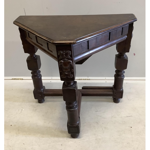 1044 - A credence style oak table, width 80cm, height 72cm. Condition - fair