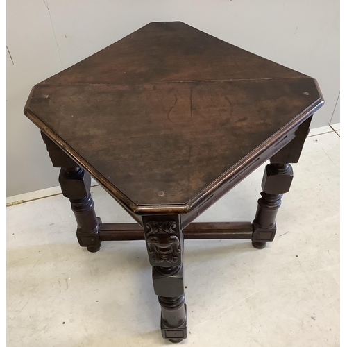 1044 - A credence style oak table, width 80cm, height 72cm. Condition - fair