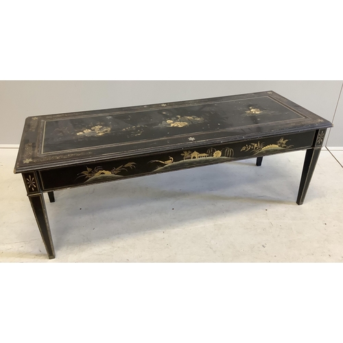 1045 - A rectangular black lacquered coffee table, width 120cm, depth 46cm, height 44cm. Condition  - poor ... 