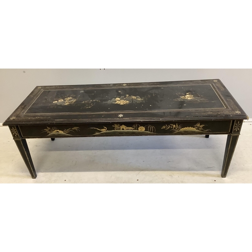 1045 - A rectangular black lacquered coffee table, width 120cm, depth 46cm, height 44cm. Condition  - poor ... 