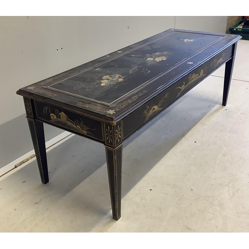 1045 - A rectangular black lacquered coffee table, width 120cm, depth 46cm, height 44cm. Condition  - poor ... 