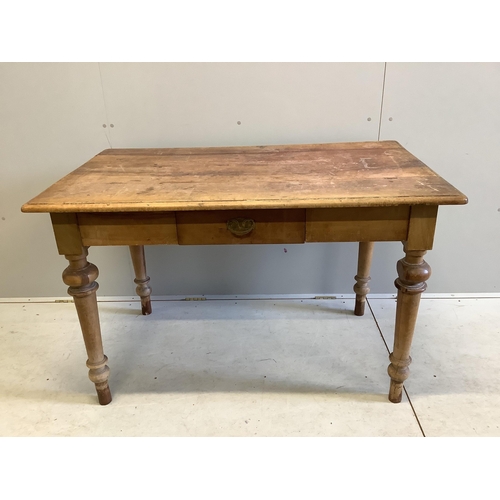 1046 - A 19th century French kitchen table with a single drawer, width 127cm, depth 77cm, height 81cm. Cond... 