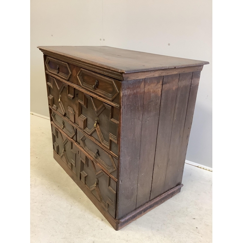 1055 - An 18th century geometric moulded oak chest, width 95cm, depth 54cm, height 86cm. Condition - fair... 