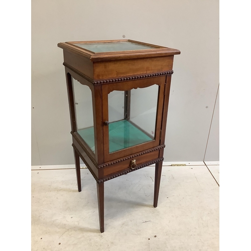 1059 - An Edwardian mahogany bijouterie cabinet, width 40cm, depth 39cm, height 88cm. Condition - fair to g... 