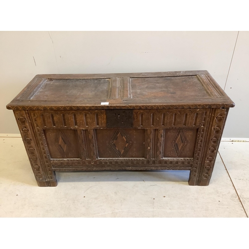 1060 - A 17th century and later carved oak coffer, width 118cm, depth 48cm, height 61cm. Condition - fair... 