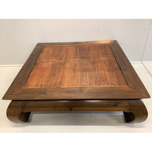 1070 - A Chinese hardwood and bamboo square coffee table, 105cm, height 34cm. Condition - fair