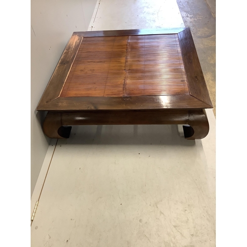 1070 - A Chinese hardwood and bamboo square coffee table, 105cm, height 34cm. Condition - fair