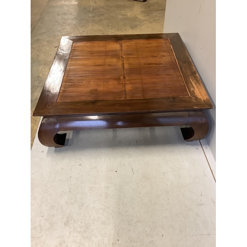 1070 - A Chinese hardwood and bamboo square coffee table, 105cm, height 34cm. Condition - fair