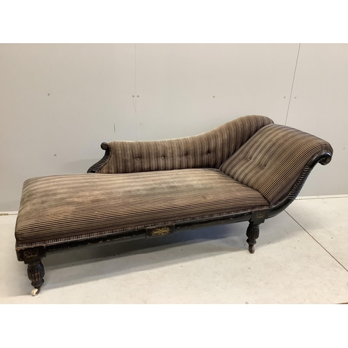 1079 - A Regency cut brass inlaid chaise longue, width 186cm, depth 54cm, height 75cm. Condition - fair... 