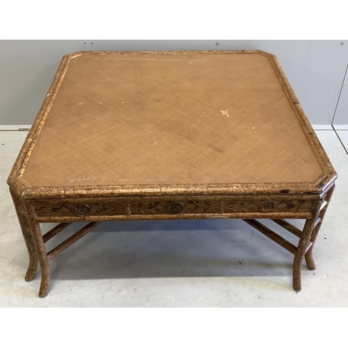 1080 - A square bamboo and rattan coffee table, width 94cm, height 44cm. Condition - fair