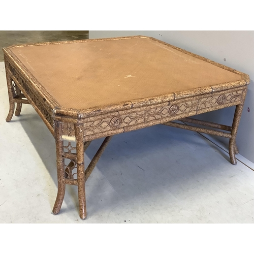 1080 - A square bamboo and rattan coffee table, width 94cm, height 44cm. Condition - fair