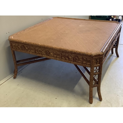 1080 - A square bamboo and rattan coffee table, width 94cm, height 44cm. Condition - fair