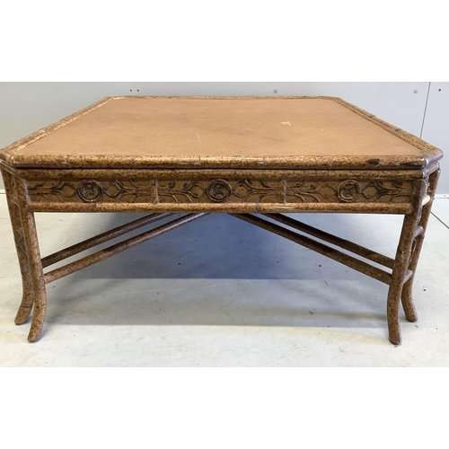 1080 - A square bamboo and rattan coffee table, width 94cm, height 44cm. Condition - fair