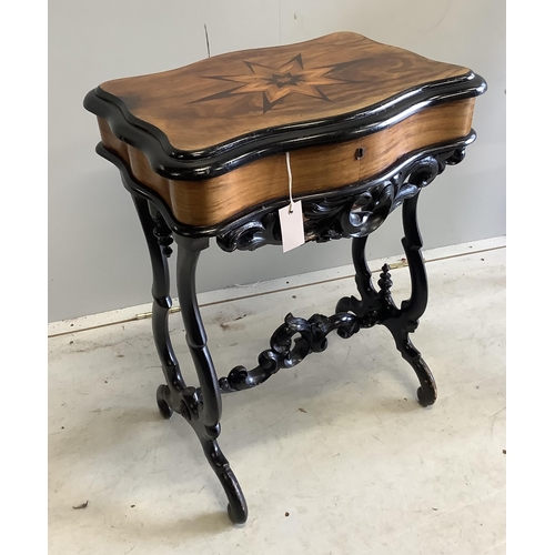 1081 - A 19th century French parquetry inlaid ebonsied walnut work table, width 53cm, depth 39cm, height 71... 