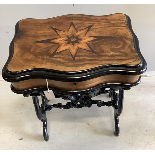 1081 - A 19th century French parquetry inlaid ebonsied walnut work table, width 53cm, depth 39cm, height 71... 