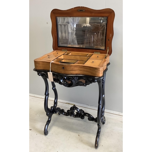 1081 - A 19th century French parquetry inlaid ebonsied walnut work table, width 53cm, depth 39cm, height 71... 