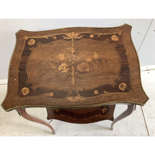 1082 - A 19th century French marquetry inlaid and gilt metal mounted kingwood two tier occasional table, wi... 