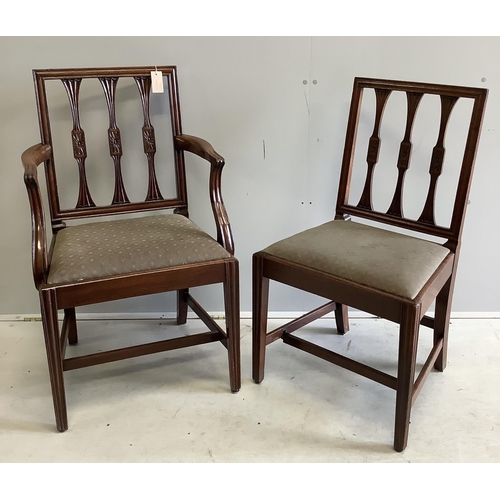 1083 - A set of ten Sheraton style mahogany dining chairs, two with arms together with a reproduction bande... 