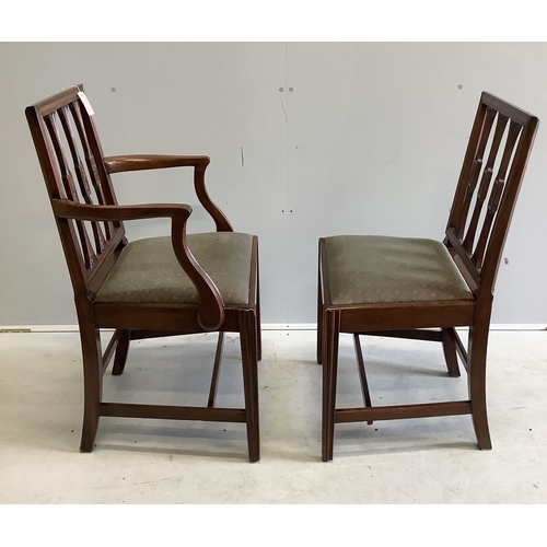 1083 - A set of ten Sheraton style mahogany dining chairs, two with arms together with a reproduction bande... 