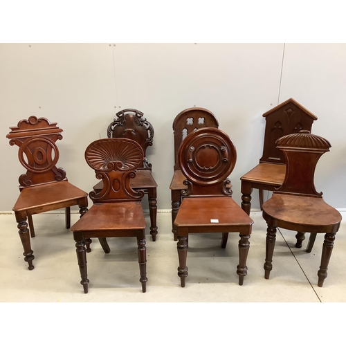 1088 - Seven George III and Victorian mahogany and oak hall chairs, largest height 95cm. Condition - fair t... 