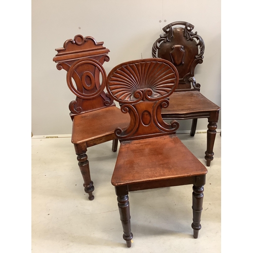 1088 - Seven George III and Victorian mahogany and oak hall chairs, largest height 95cm. Condition - fair t... 