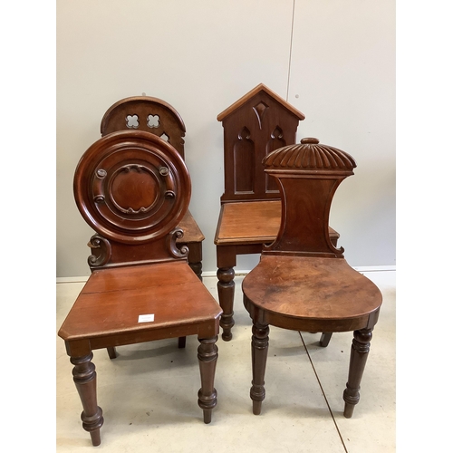 1088 - Seven George III and Victorian mahogany and oak hall chairs, largest height 95cm. Condition - fair t... 