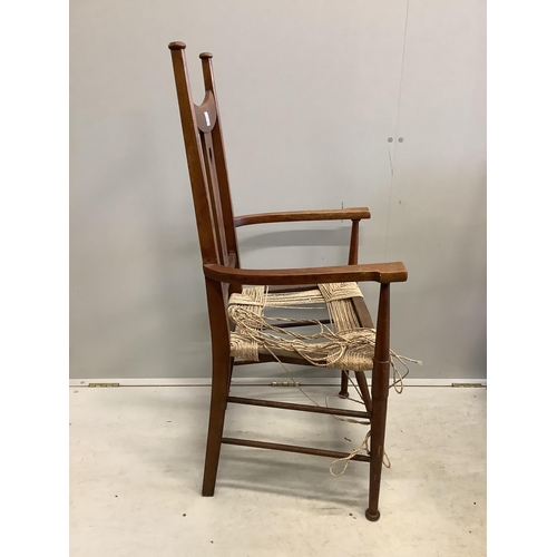 1089 - Seven Art Nouveau mahogany and beech dining chairs, three mother of pearl inlaid. Condition - poor t... 