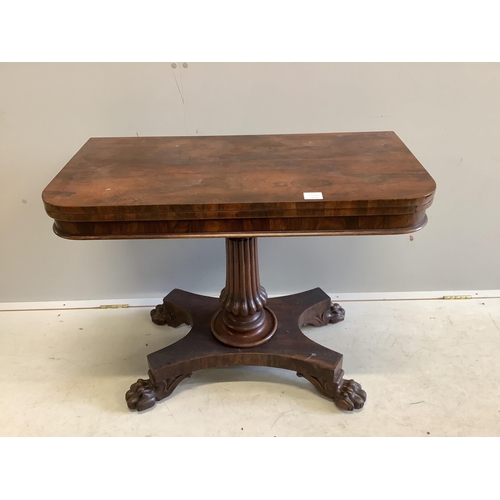 1092 - An early Victorian rectangular rosewood folding card table, width 91cm, depth 46cm, height 71cm. Con... 