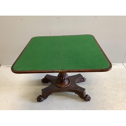 1092 - An early Victorian rectangular rosewood folding card table, width 91cm, depth 46cm, height 71cm. Con... 