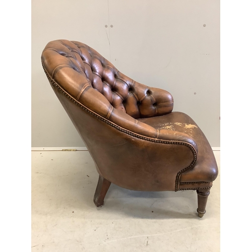 1093 - A Victorian style buttoned brown leather tub framed library chair, width 64cm, depth 74cm, height 80... 