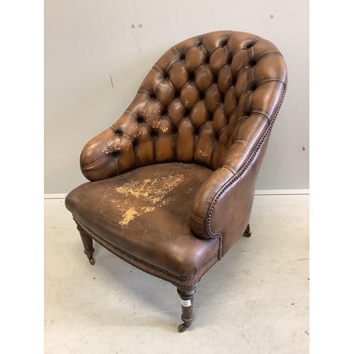 1093 - A Victorian style buttoned brown leather tub framed library chair, width 64cm, depth 74cm, height 80... 