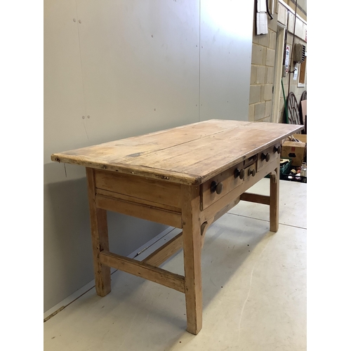 1095 - A 19th century rectangular pine four drawer serving table, width 154cm, depth 71cm, height 76cm. Con... 