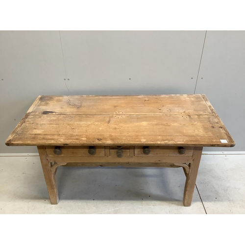 1095 - A 19th century rectangular pine four drawer serving table, width 154cm, depth 71cm, height 76cm. Con... 