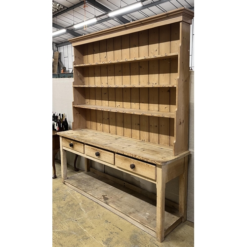 1110 - A Victorian pine potboard dresser with boarded rack, width 214cm, depth 55cm, height 88cm. Condition... 