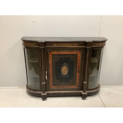 1112 - A late Victorian gilt metal mounted amboyna banded ebonised credenza, width 150cm, depth 44cm, heigh... 