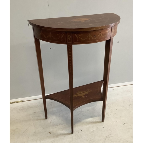 1113 - A Edwardian marquetry inlaid mahogany D shaped two tier side table in the manner of Edward & Roberts... 