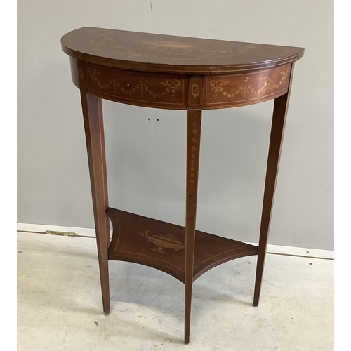 1113 - A Edwardian marquetry inlaid mahogany D shaped two tier side table in the manner of Edward & Roberts... 