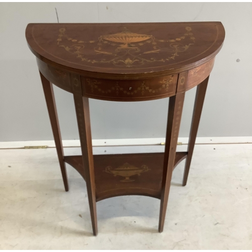 1113 - A Edwardian marquetry inlaid mahogany D shaped two tier side table in the manner of Edward & Roberts... 