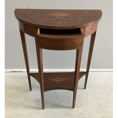 1113 - A Edwardian marquetry inlaid mahogany D shaped two tier side table in the manner of Edward & Roberts... 